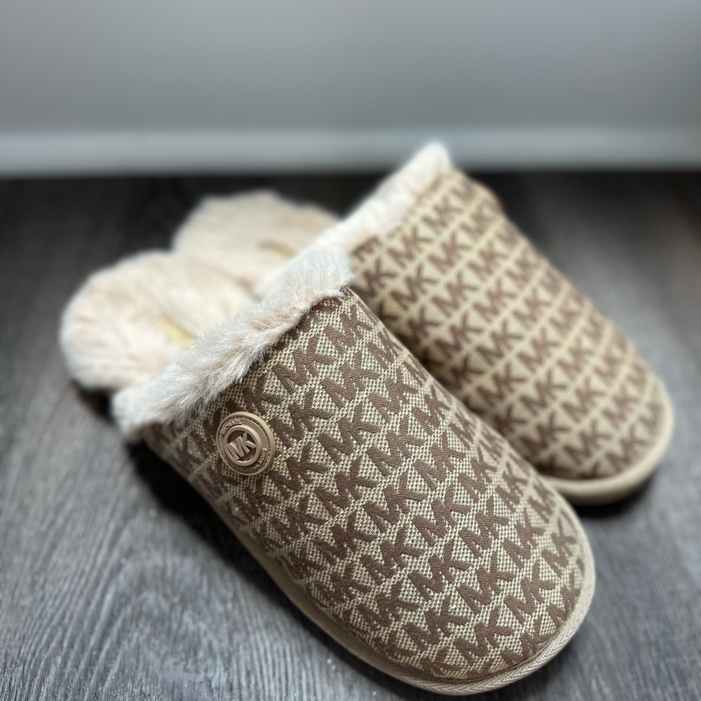 Michael Kors Tan Logo Plush Slip-On Clogs
